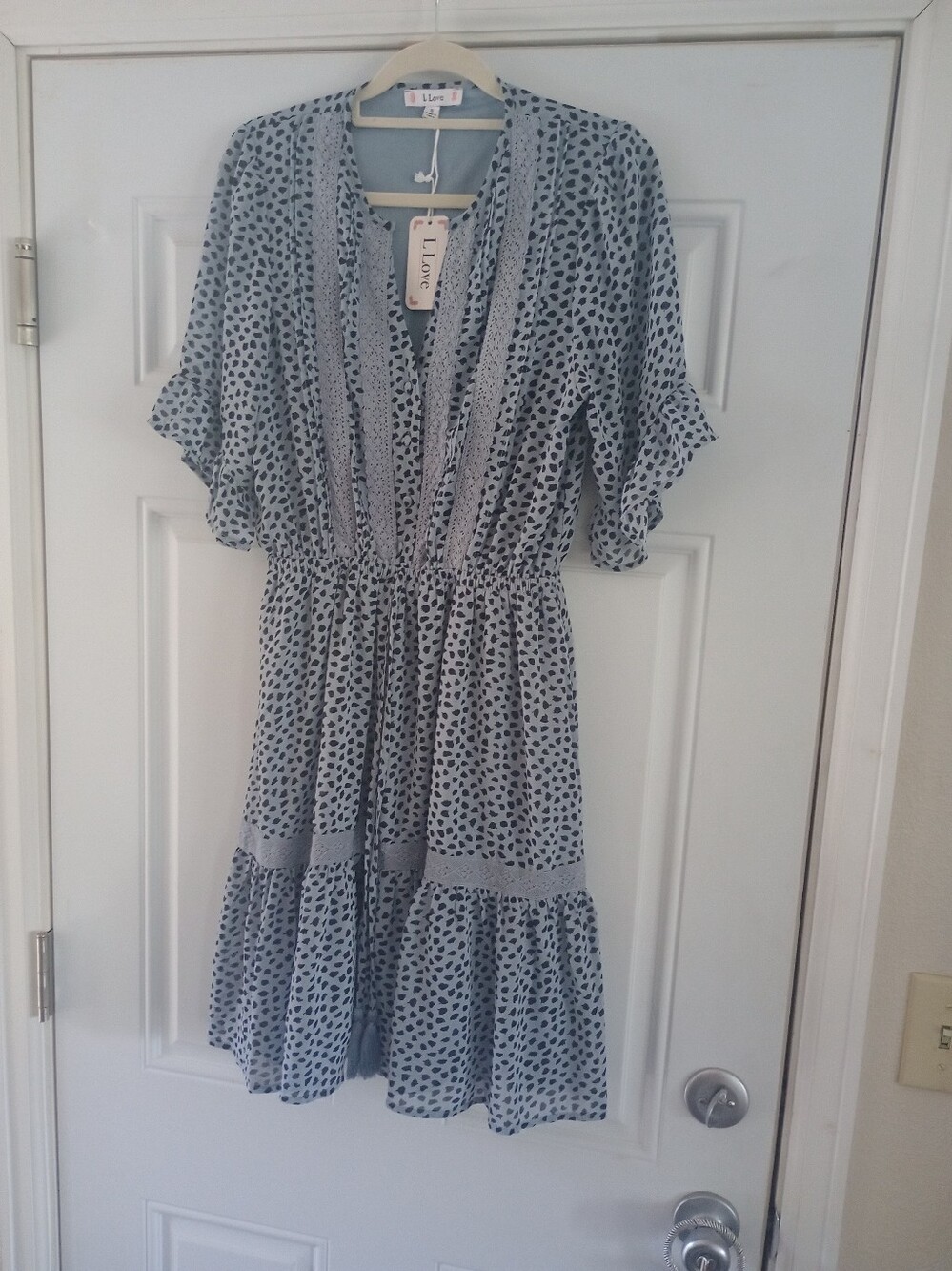 L Love Dress Blue Black Polka Dot Animal Print Pattern Short Sleeve Dress Small
